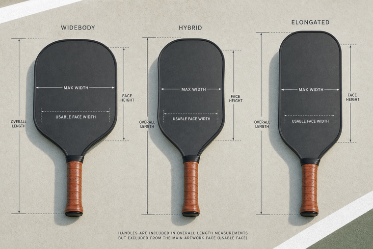 Comparison of widebody, hybrid, and elongated pickleball paddle dimensions with face measurements