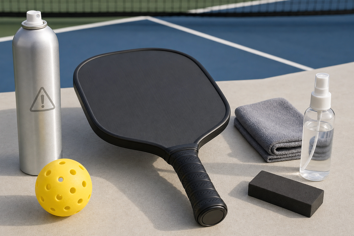 Pickleball paddle beside grit spray, microfiber cloth, and cleaning block comparison