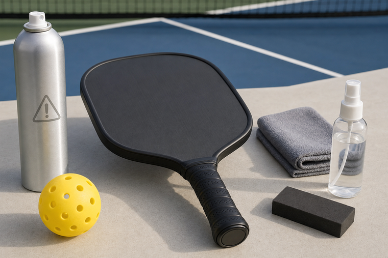 Pickleball paddle beside grit spray, microfiber cloth, and cleaning block comparison
