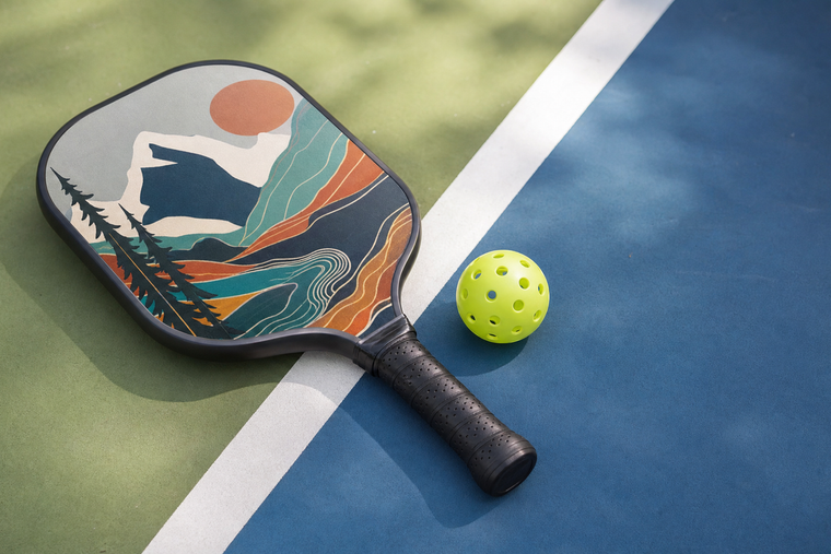 Custom pickleball paddle with a neatly wrapped handle and fully visible artwork