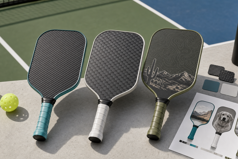Customizable pickleball paddle options including material, artwork, edge color, and grip color