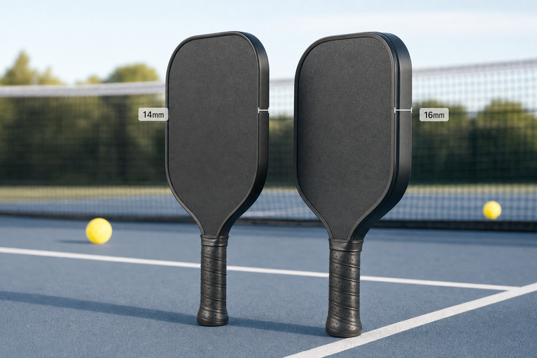 14mm and 16mm pickleball paddles shown side by side for a thickness comparison