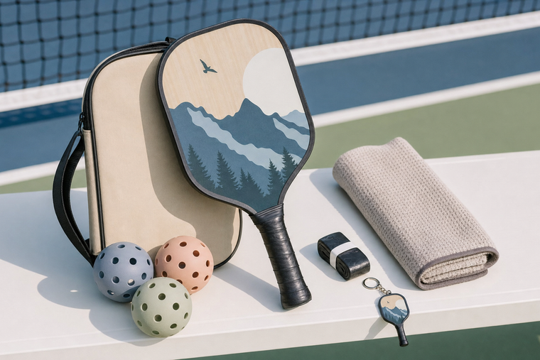 Custom pickleball paddle gift set with bag, balls, towel, and replica keychain