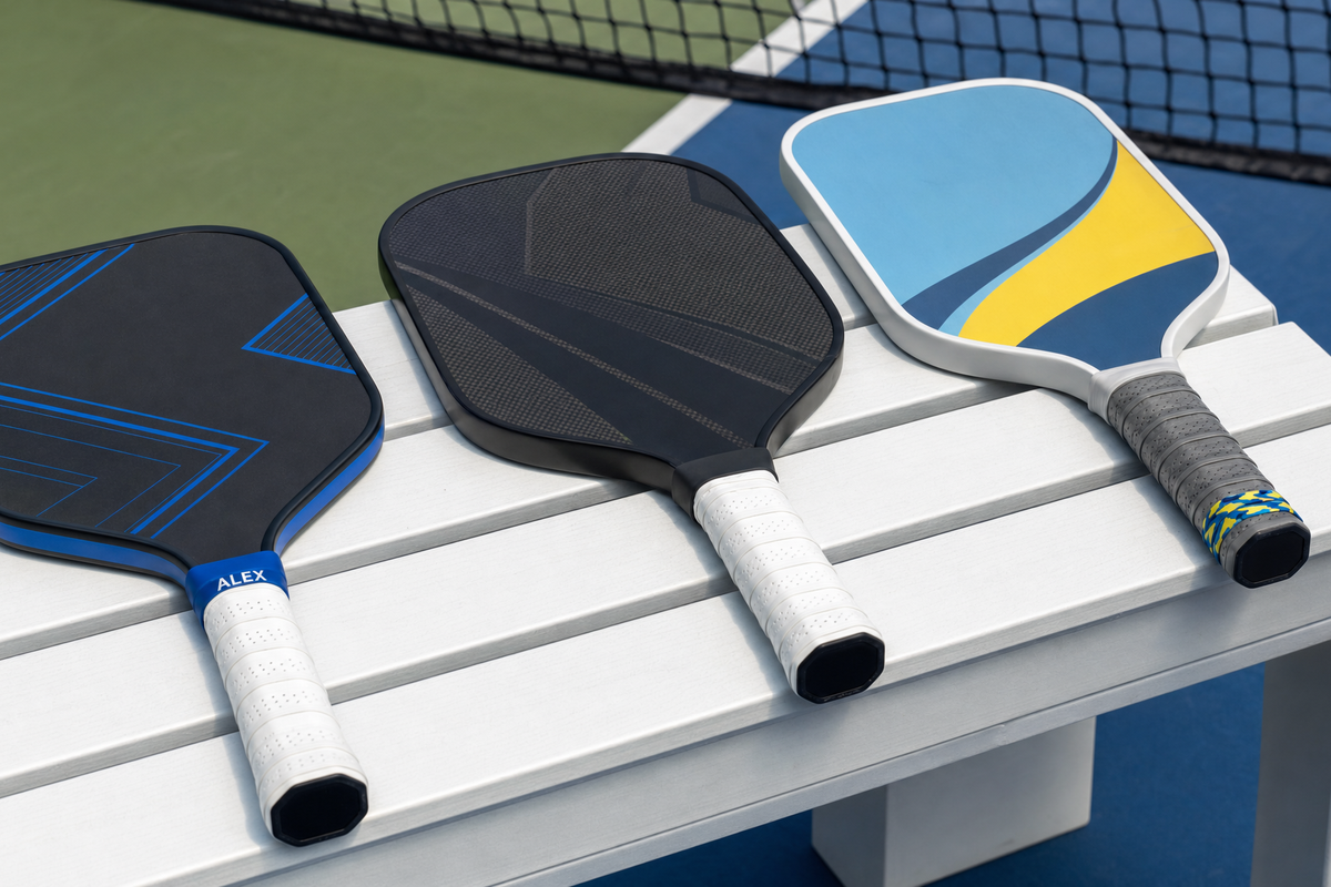 Three pickleball paddles showing a personalized name band, a plain grip finishing band, and a coordinated team gift band