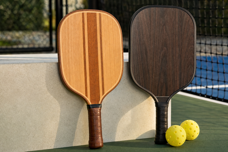 Wooden pickleball paddle beside a modern custom pickleball paddle