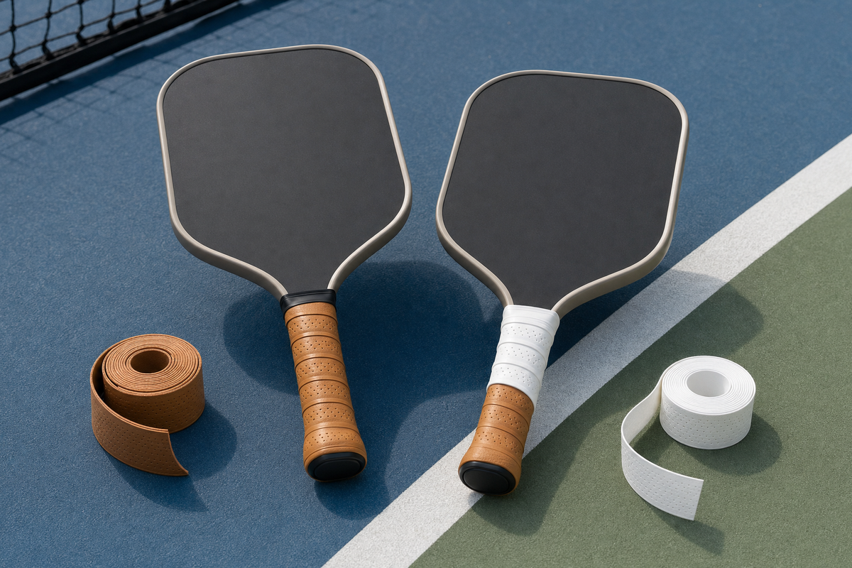 Pickleball paddle grip tape and overgrip displayed side by side with two custom paddles