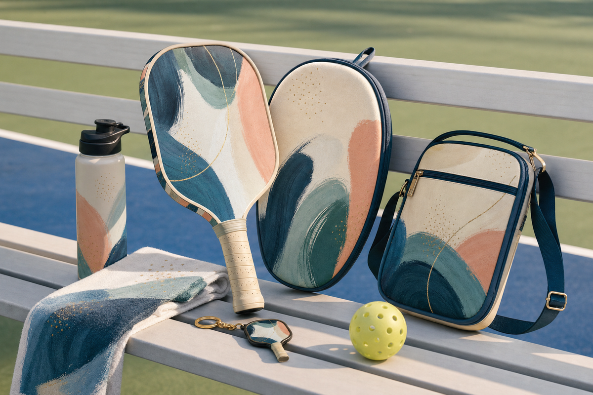 Custom pickleball gear arranged around a personalized paddle