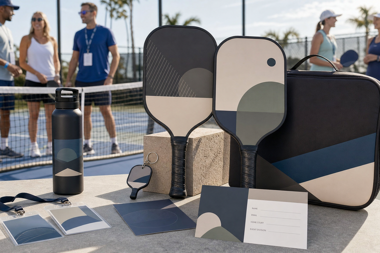 Custom pickleball paddles, paddle keychains, and event gifts arranged beside a pickleball court