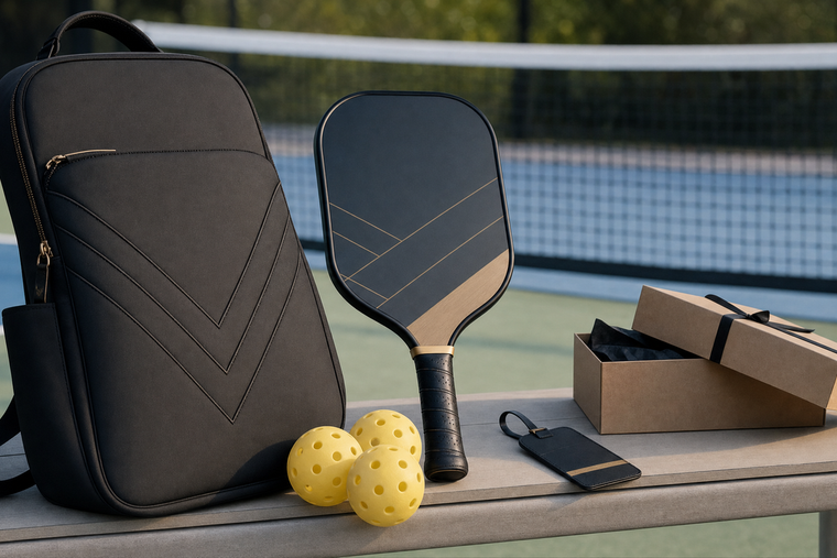 Personalized pickleball bag beside a coordinated custom paddle and gift accessories