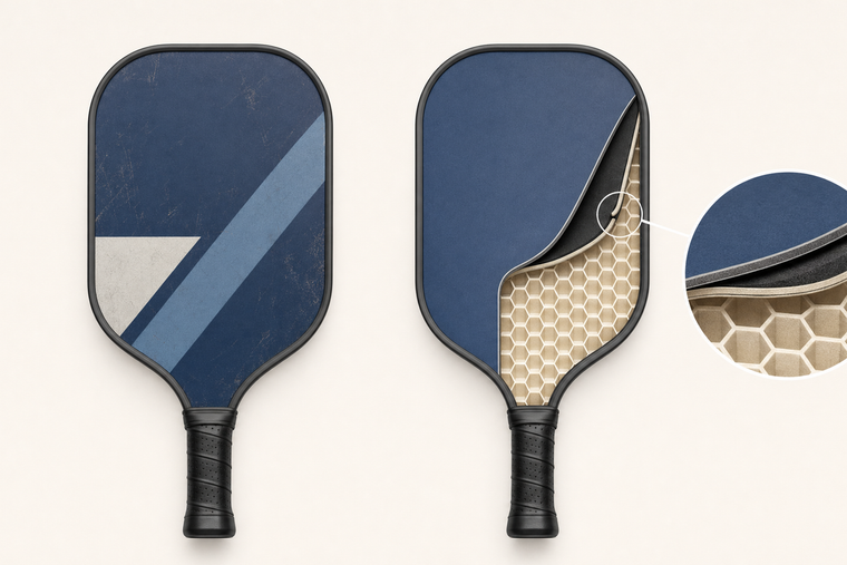 Illustration comparing superficial paddle graphic wear with separation inside a layered pickleball paddle.