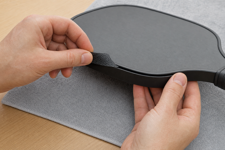 Hands inspecting a short lifted section of protective tape over an intact pickleball paddle edge guard