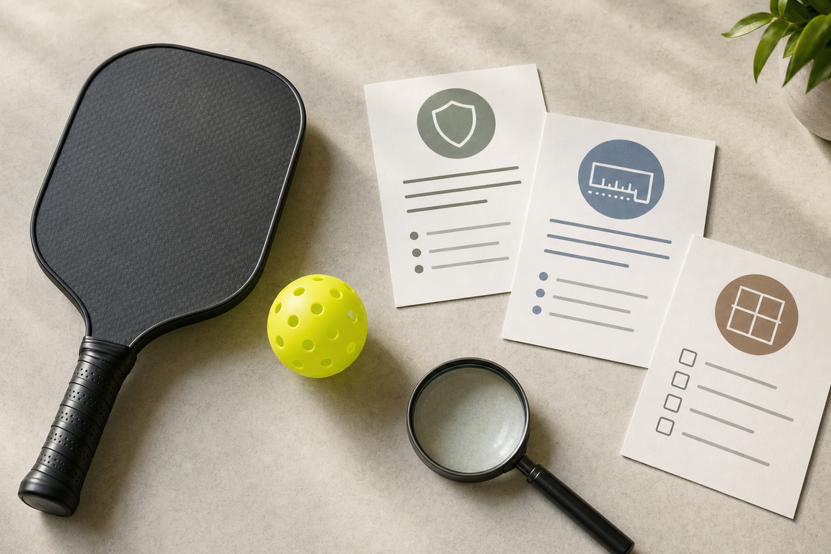 Unbranded pickleball paddle beside a ball, product information cards, and a buyer checklist