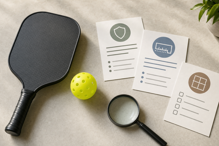 Unbranded pickleball paddle beside a ball, product information cards, and a buyer checklist