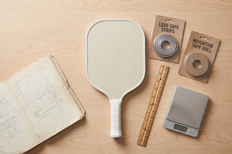 Pickleball paddle beside generic weighting tape, a ruler and a setup notebook