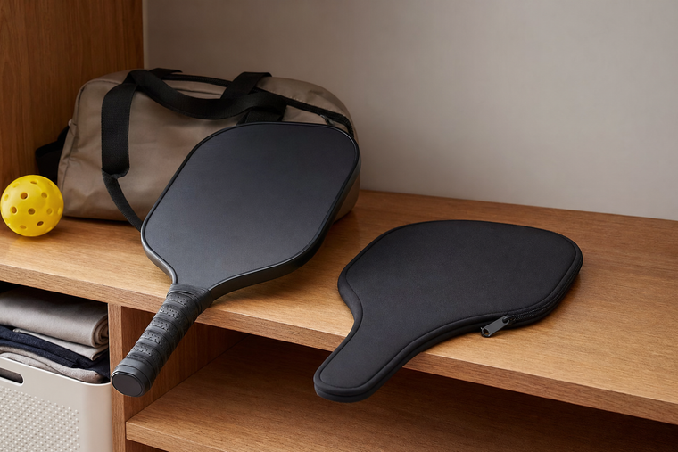 Pickleball paddle and protective sleeve on an uncluttered indoor equipment shelf