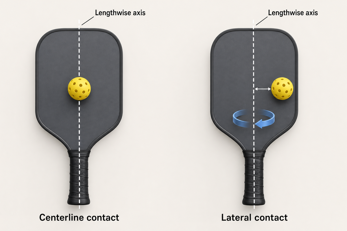Pickleball paddle diagram showing the handle-to-tip axis and a ball contacting to one side of it.