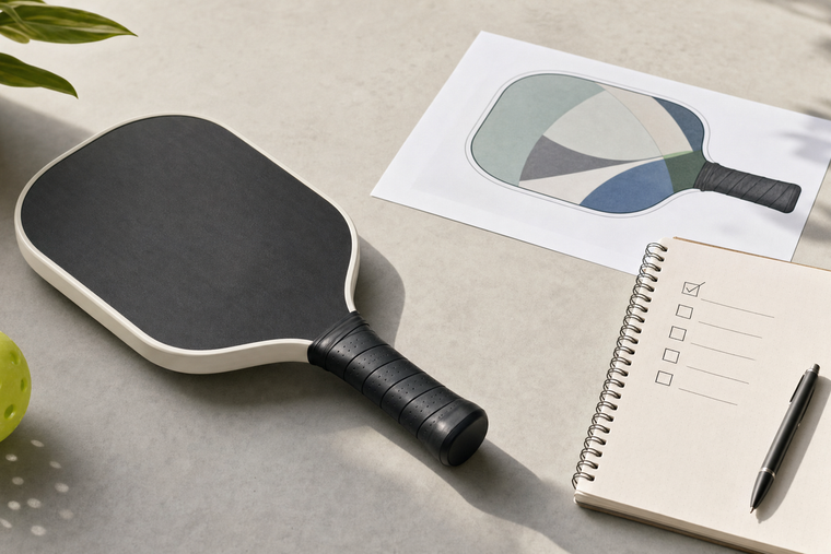 Generic pickleball paddle beside construction questions and a separate custom artwork proof