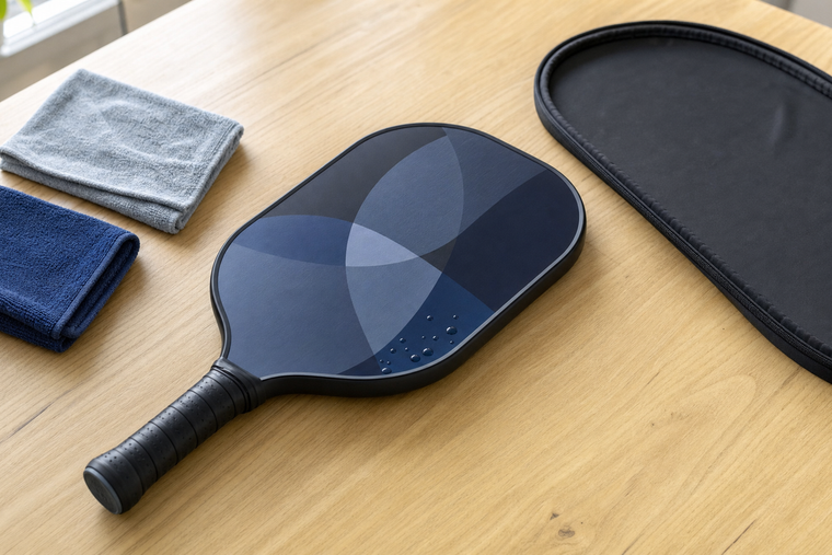 Pickleball paddle with a few surface droplets beside two dry cloths and an open paddle cover