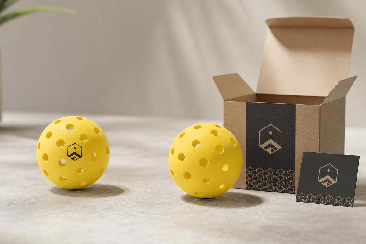 Concept comparison of a pickleball with a small event imprint and an unchanged ball beside removable branded packaging