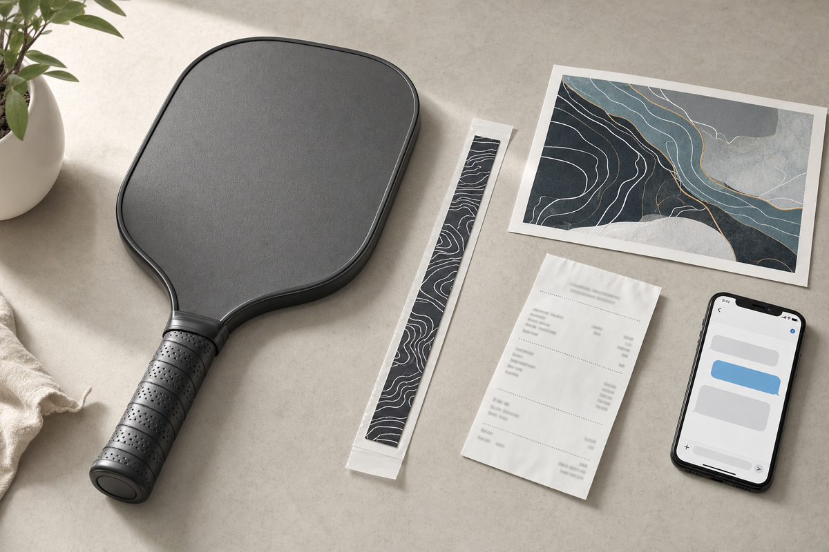 Pickleball paddle beside unapplied patterned edge tape, an artwork proof, and purchase records