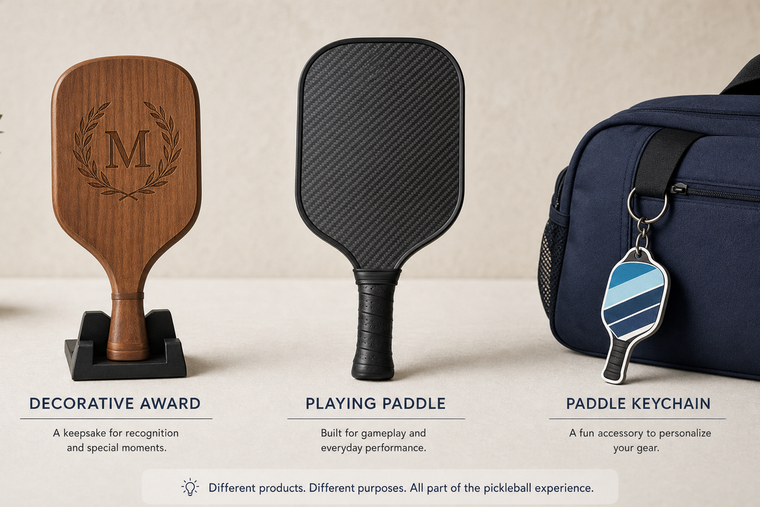 Display paddle keepsake, unmodified playing paddle, and separate paddle-shaped keychain compared as personalization choices