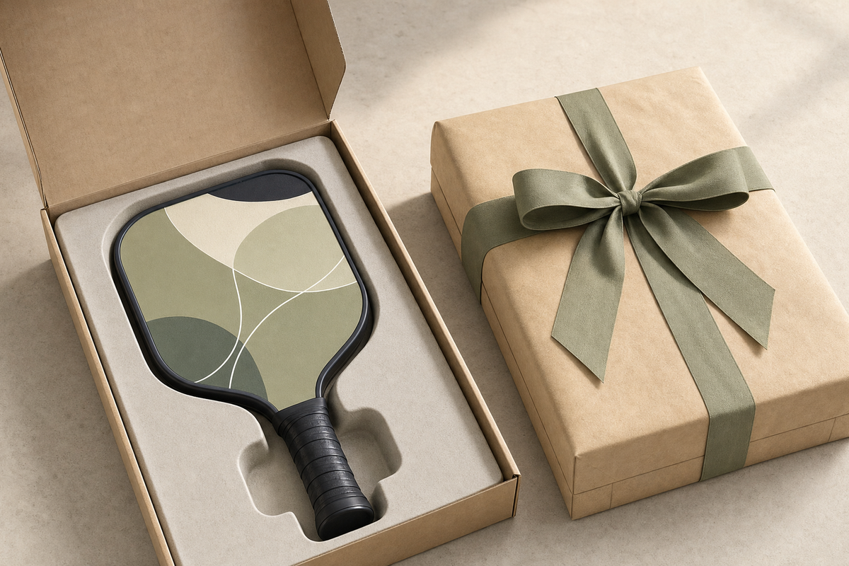Illustrated custom pickleball paddle gift with separate protective packaging, presentation box, and outer ribbon