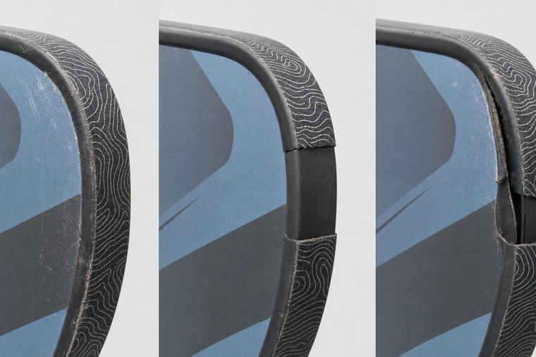 Illustration comparing scuffed but continuous pickleball edge tape, worn-through tape, and suspected damage beneath the wrap.