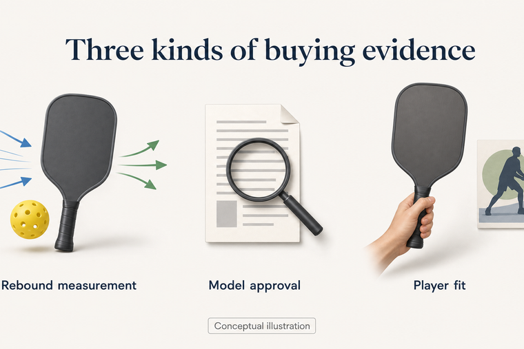 Three separate evidence categories for a paddle purchase: rebound measurement, model approval, and player fit.