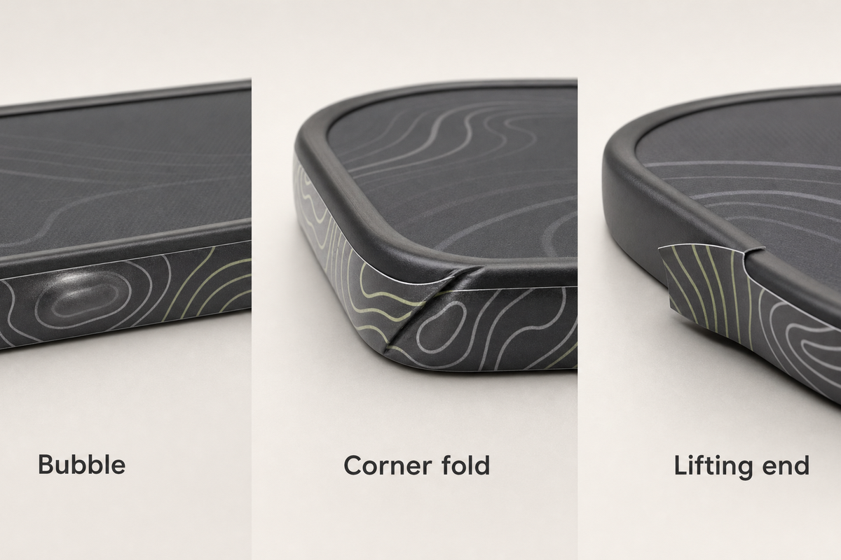 Illustrated pickleball edge tape symptoms showing an enclosed bubble, a corner fold, and a lifting tape end.