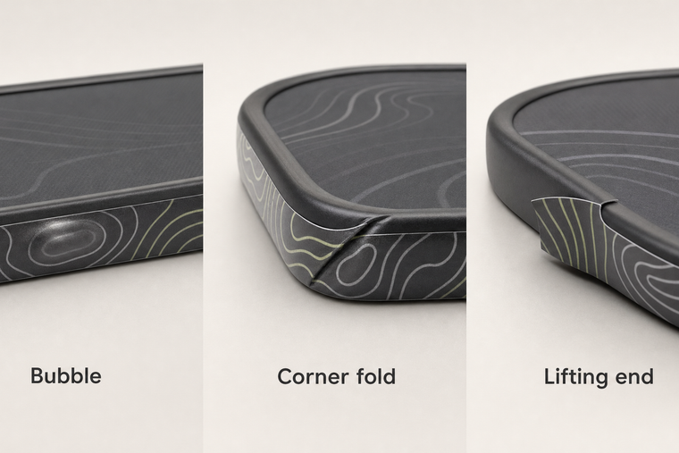 Illustrated pickleball edge tape symptoms showing an enclosed bubble, a corner fold, and a lifting tape end.