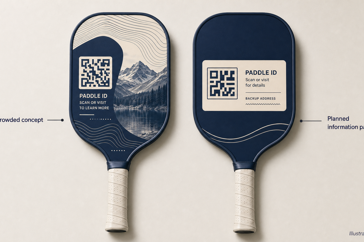 Conceptual custom paddle layouts comparing a crowded QR placement with a dedicated information panel.