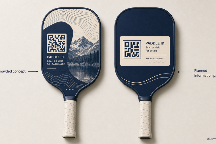 Conceptual custom paddle layouts comparing a crowded QR placement with a dedicated information panel.
