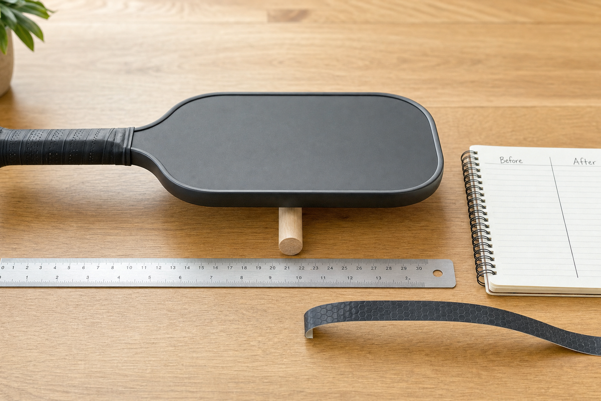 Pickleball paddle resting horizontally on a smooth support beside a ruler and a before-and-after notebook
