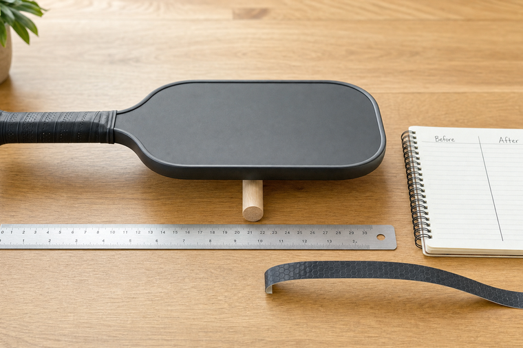 Pickleball paddle resting horizontally on a smooth support beside a ruler and a before-and-after notebook