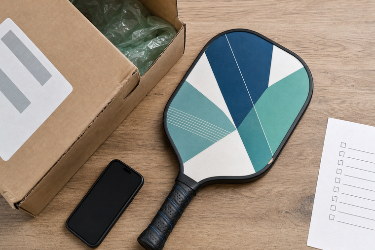 Illustrative custom paddle arrival-documentation setup with a shipping box, packing, smartphone, and order notes.