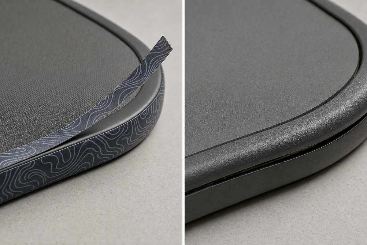 Comparison of peeling aftermarket edge tape and a factory pickleball paddle edge guard separating from the paddle
