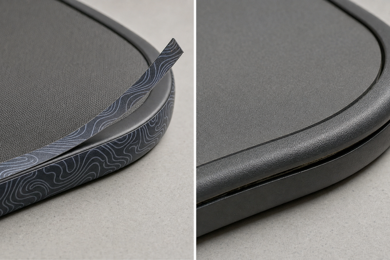 Comparison of peeling aftermarket edge tape and a factory pickleball paddle edge guard separating from the paddle