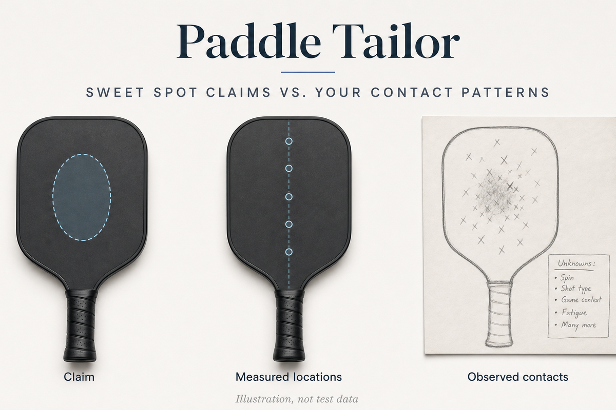 Three paddle outlines separating a marketing description, measured response coverage, and an illustrative personal contact record.