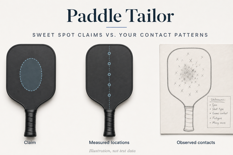 Three paddle outlines separating a marketing description, measured response coverage, and an illustrative personal contact record.