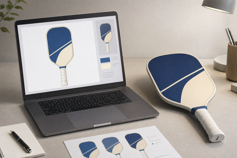 Illustration of a custom pickleball paddle design on a laptop beside a physical paddle under ambient light.