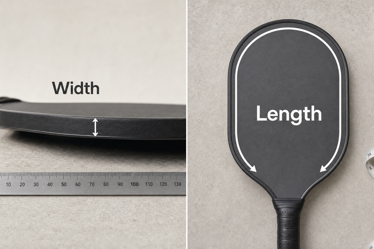 Pickleball paddle with separate arrows showing tape width across the edge and wrap length around the paddle head