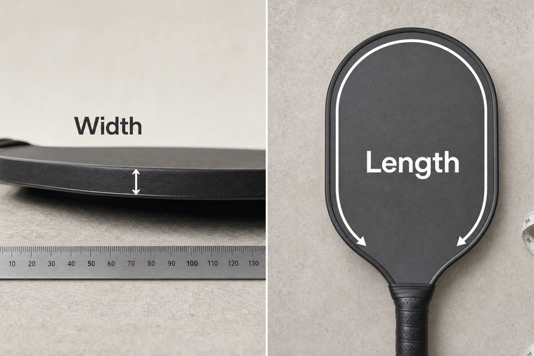 Pickleball paddle with separate arrows showing tape width across the edge and wrap length around the paddle head