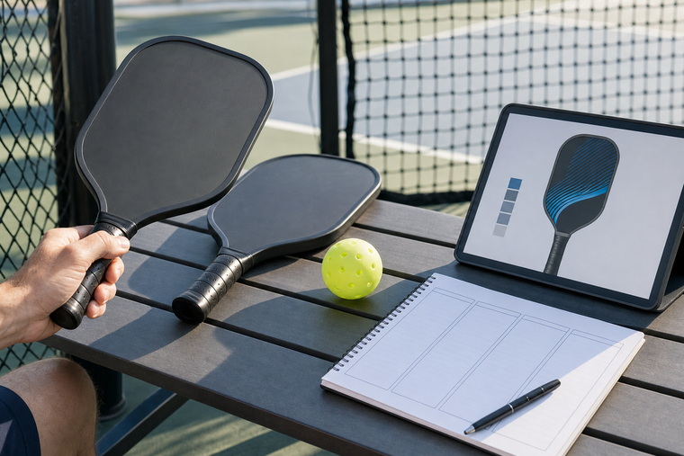 A player compares a borrowed pickleball paddle with a separate custom artwork proof before ordering