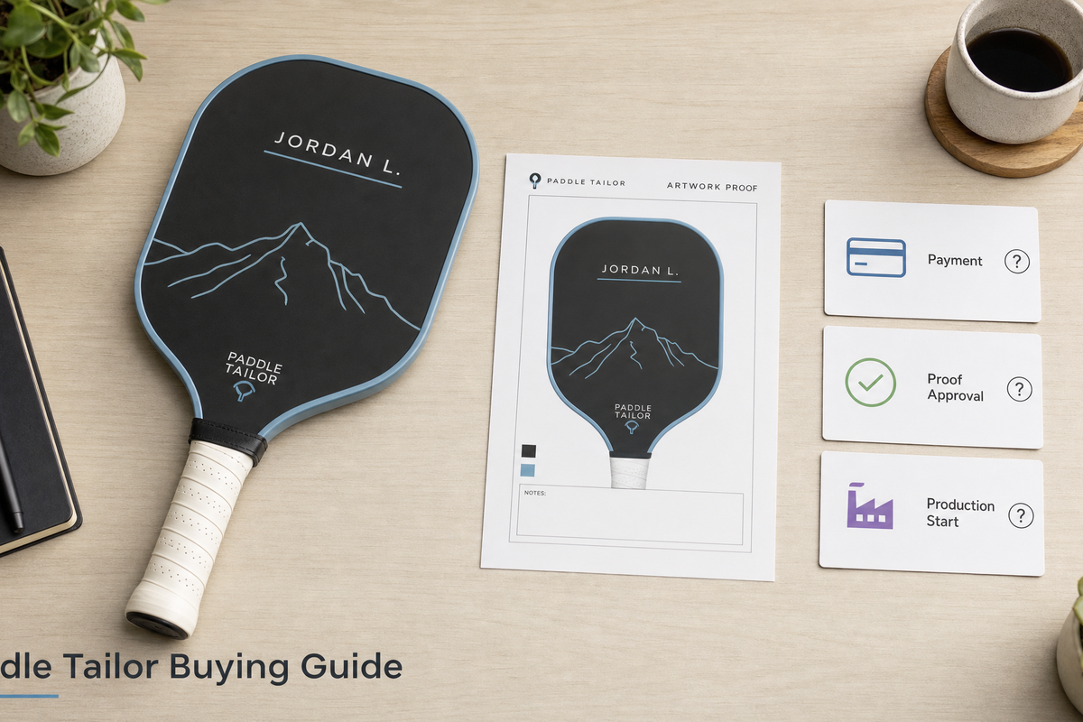 Custom paddle order checkpoints showing payment, proof approval, and production start