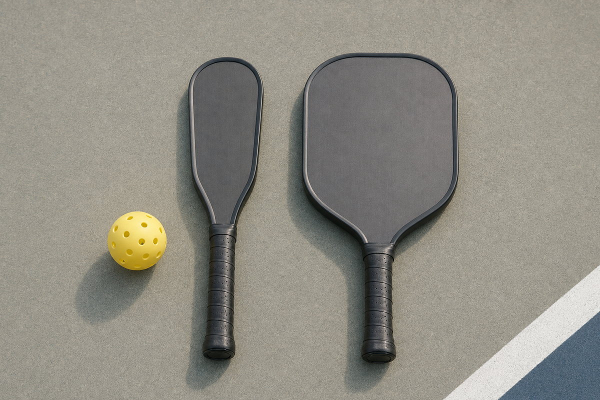 Illustrative reduced-face training paddle beside a regular pickleball paddle