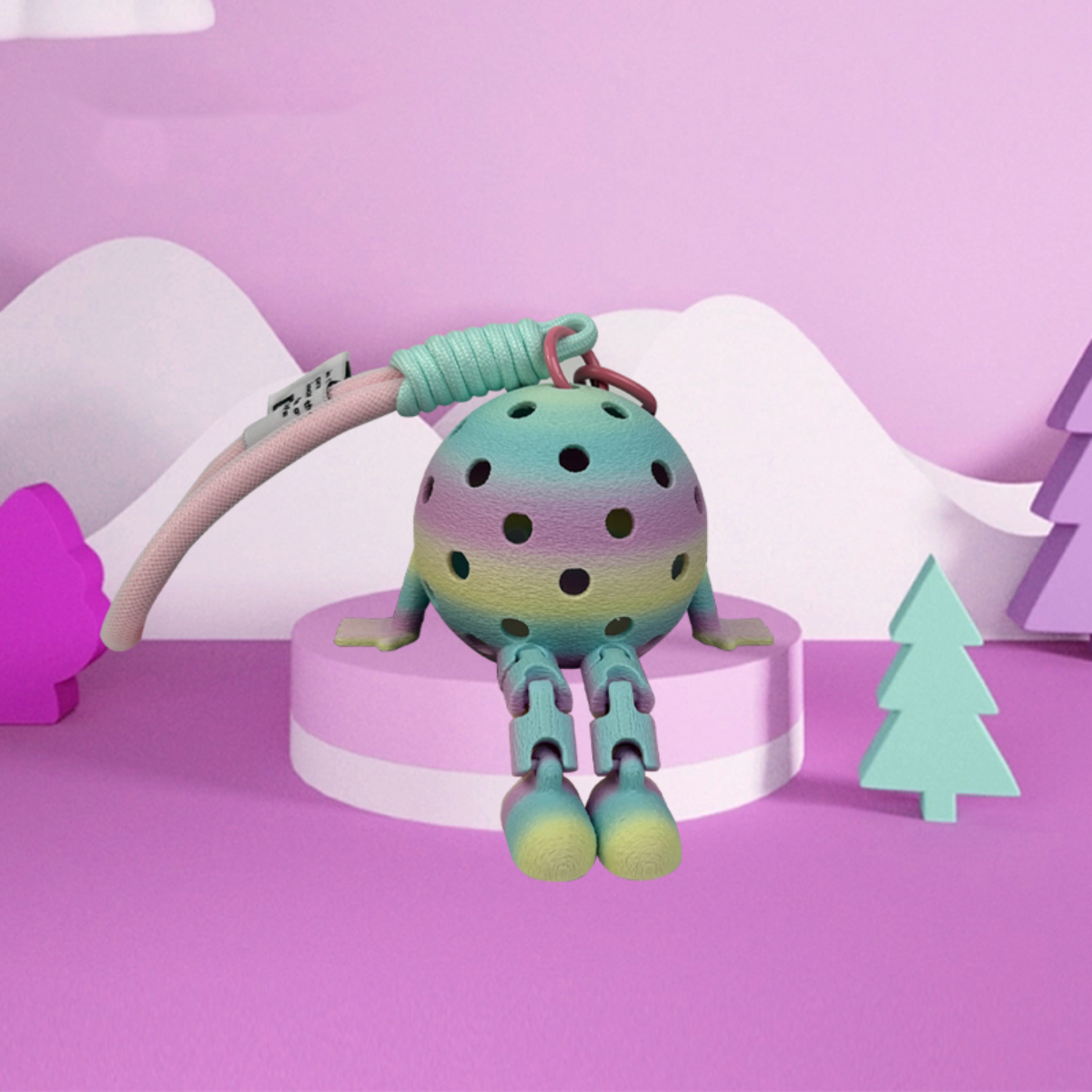Colorful toy with a polka dot design on a pink platform against a light purple background