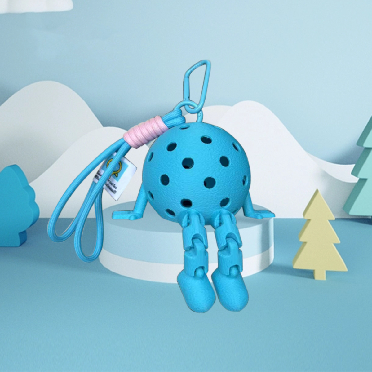 Blue toy with legs and a keychain on a blue background