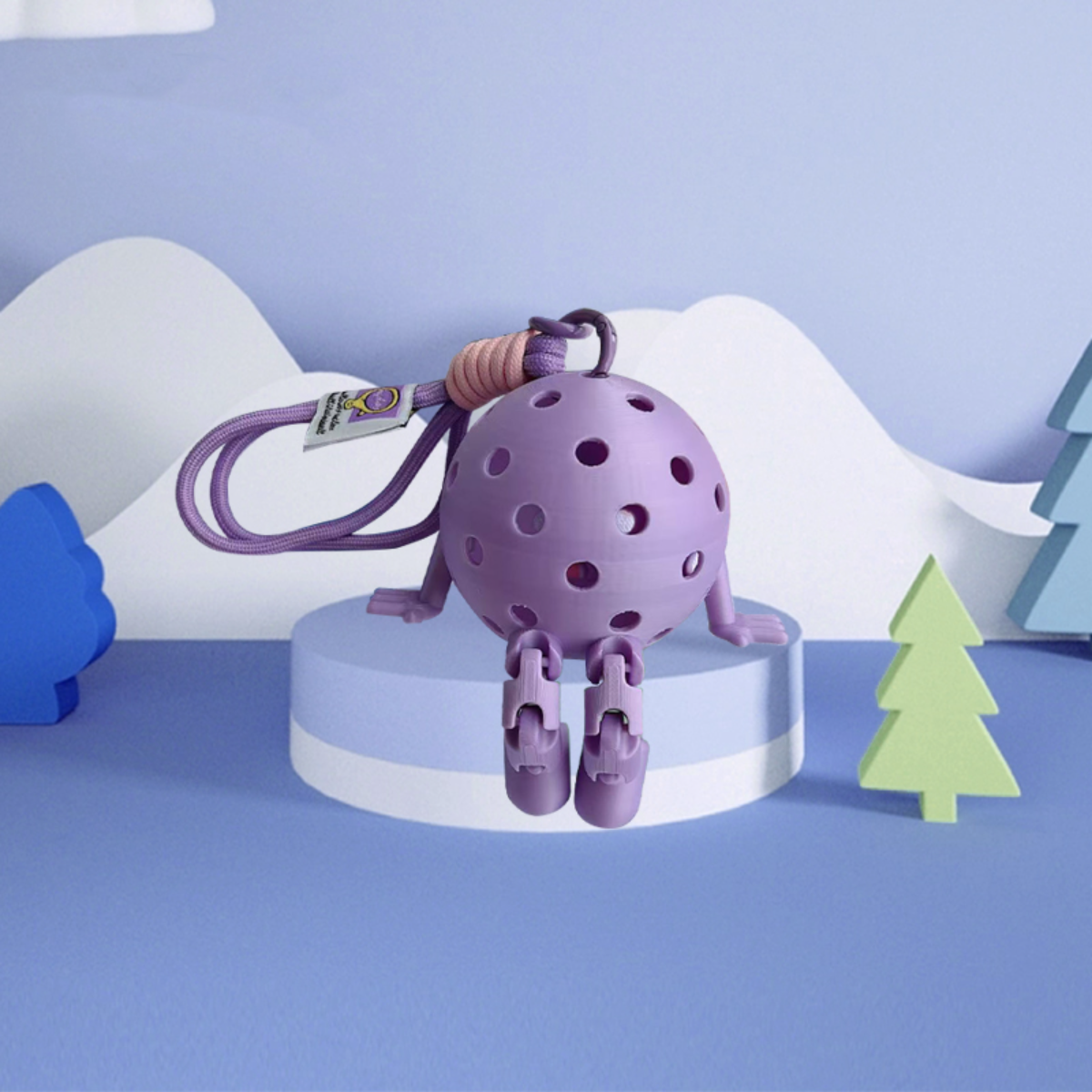 Purple toy with a keychain on a white base against a blue background