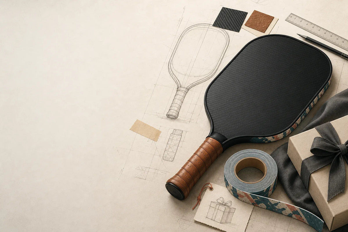 Gift-ready custom pickleball paddle with edge tape, leather grip, and packaging